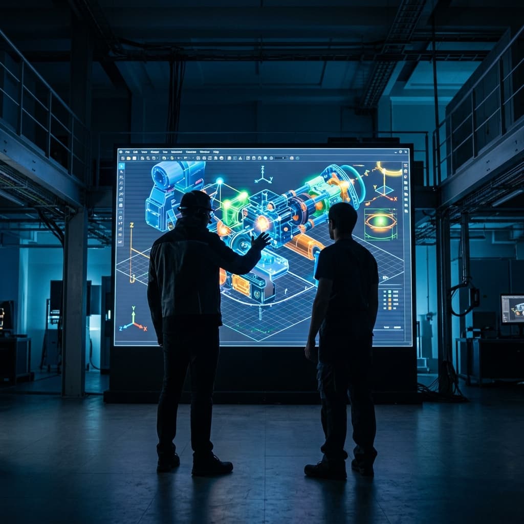 Two engineers working in front of a giant CAD display screen